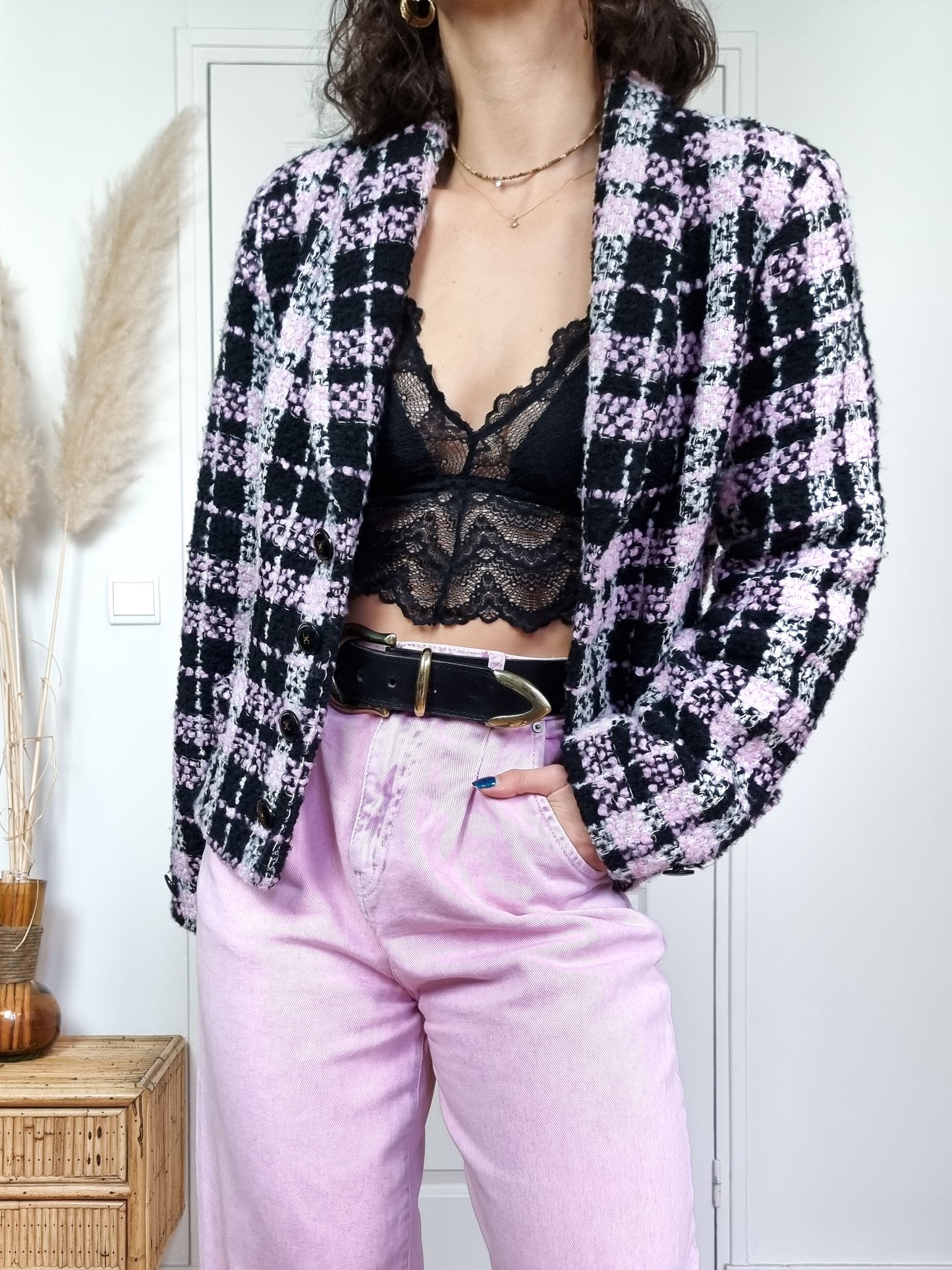 Veste blazer tweed rose et noire