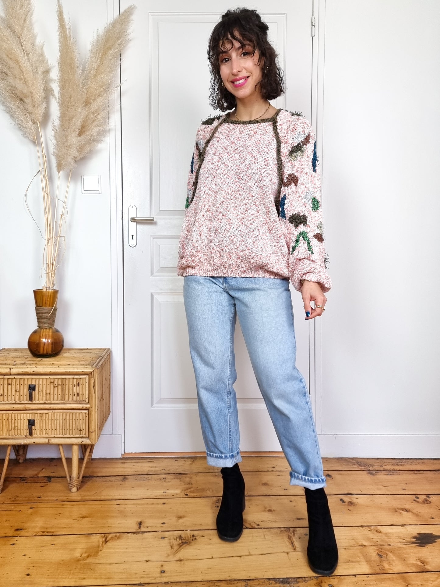 Pull rose 80s tricoté main