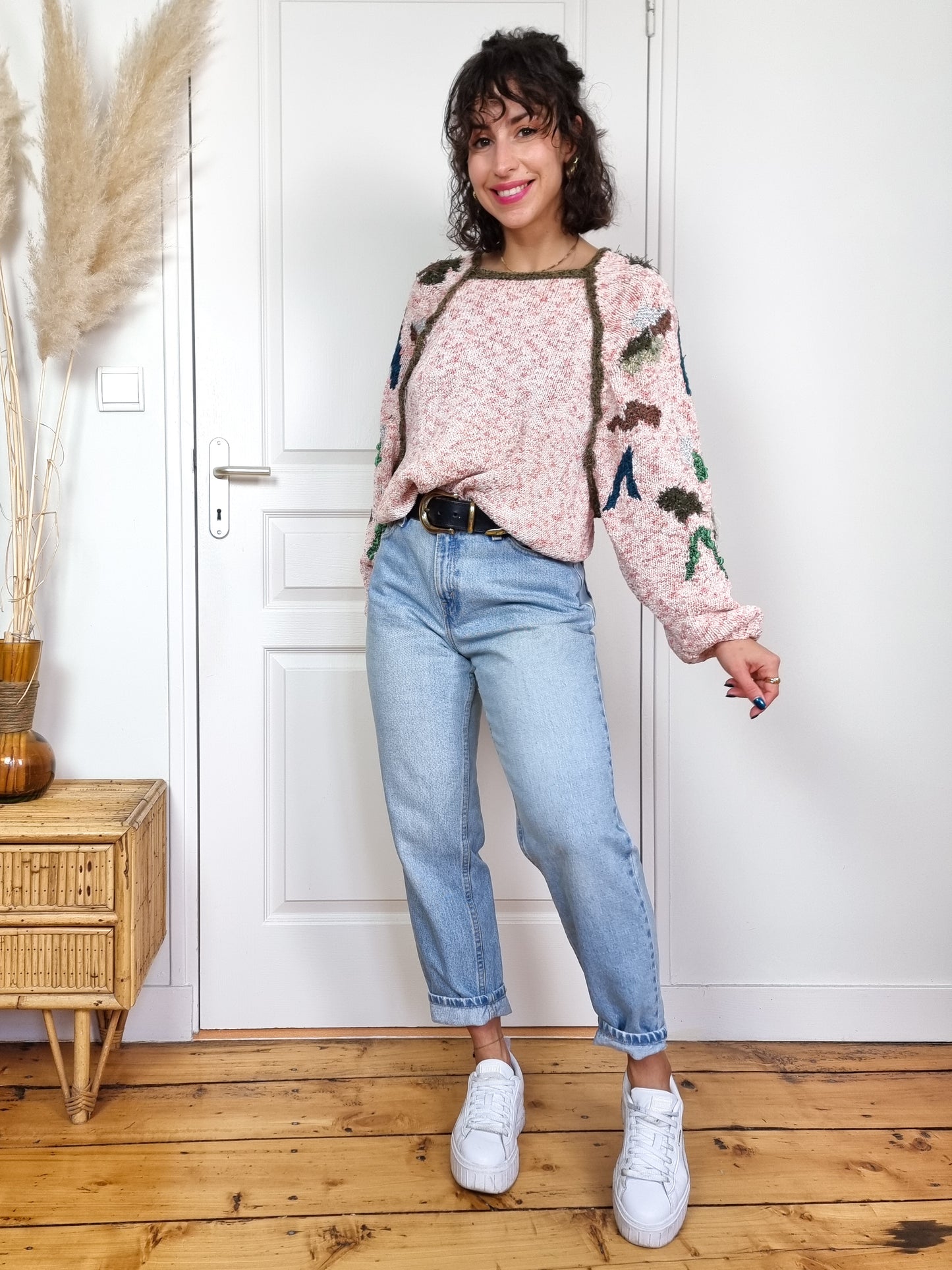 Pull rose 80s tricoté main