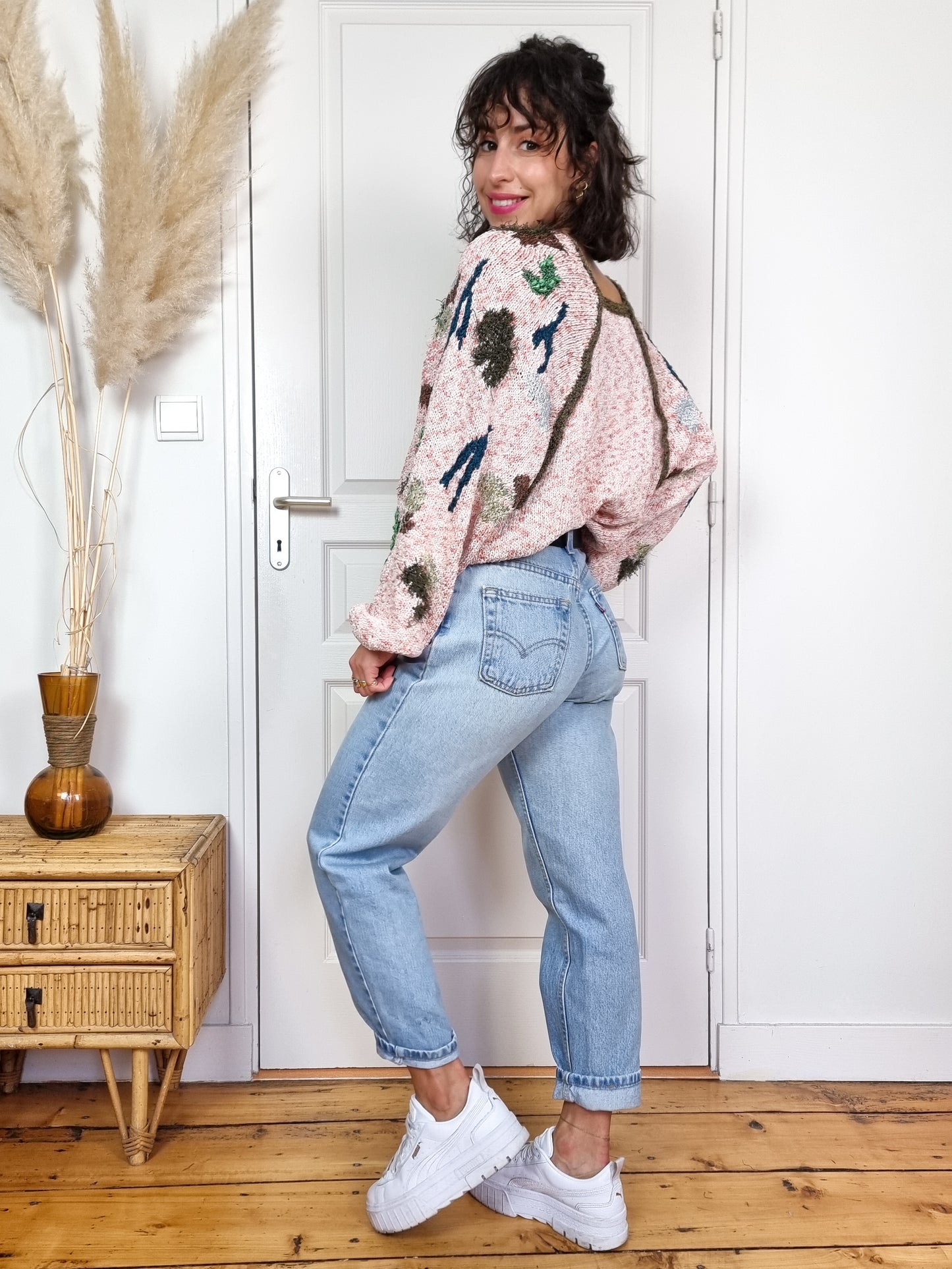Pull rose 80s tricoté main