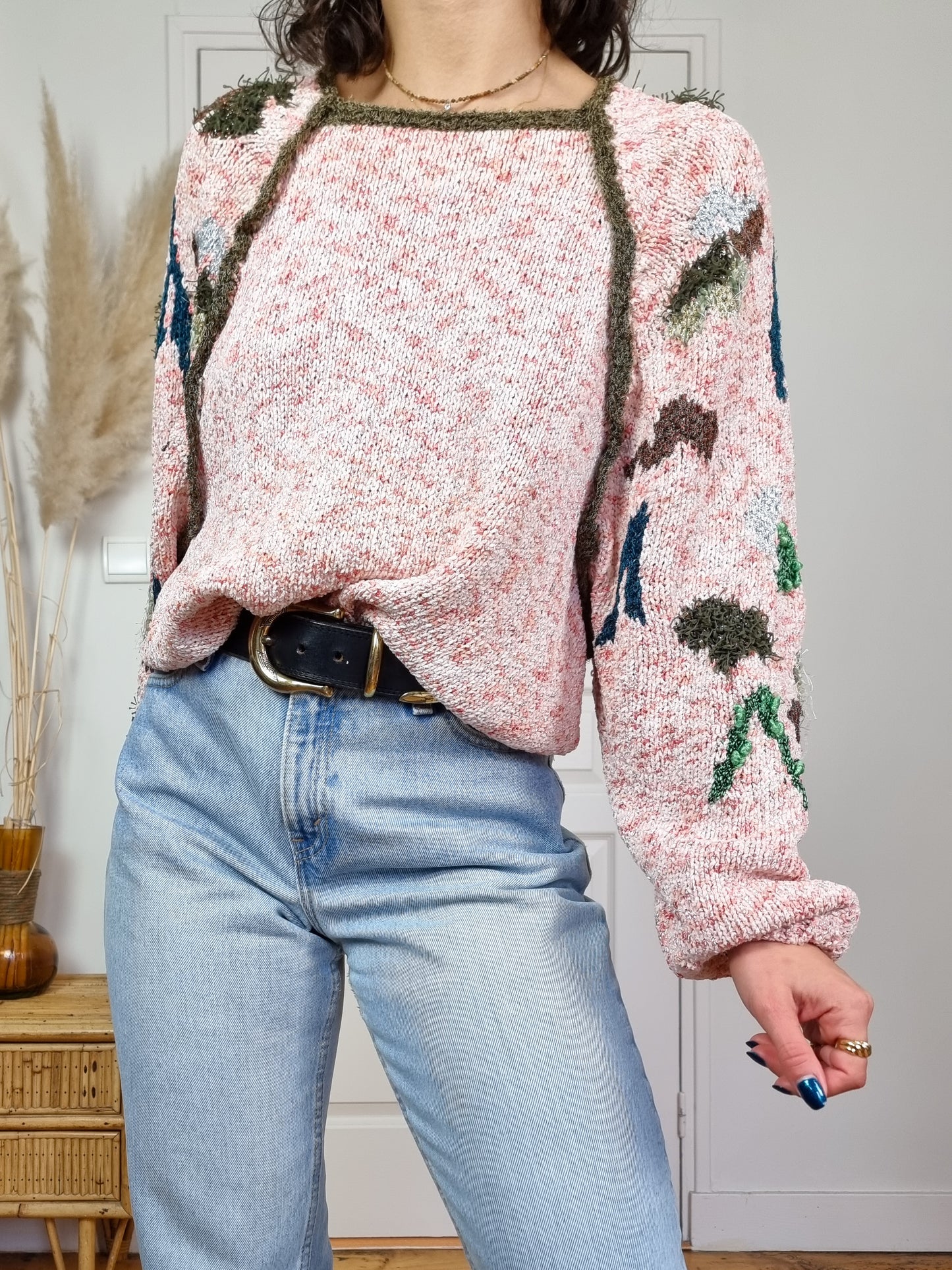 Pull rose 80s tricoté main