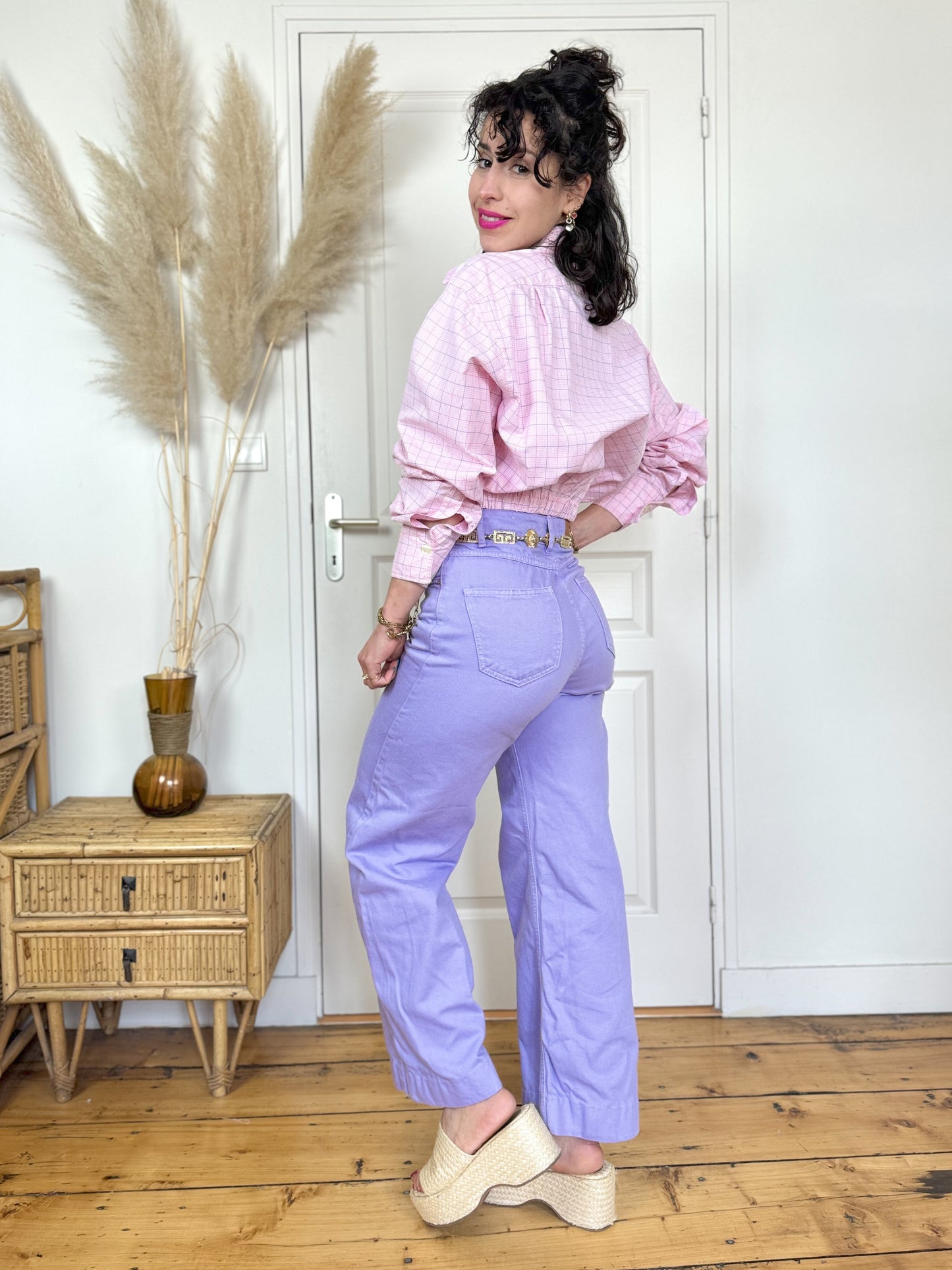 Veste chemise upcyclée rose pastel