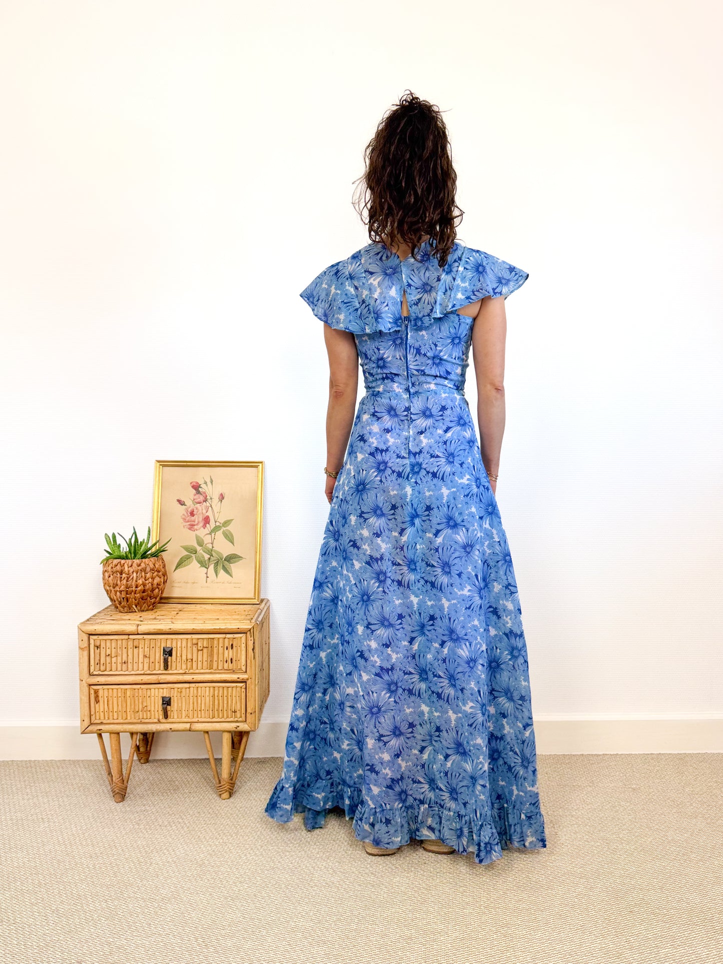 Maxi robe fleurie bleue 70s cousue main