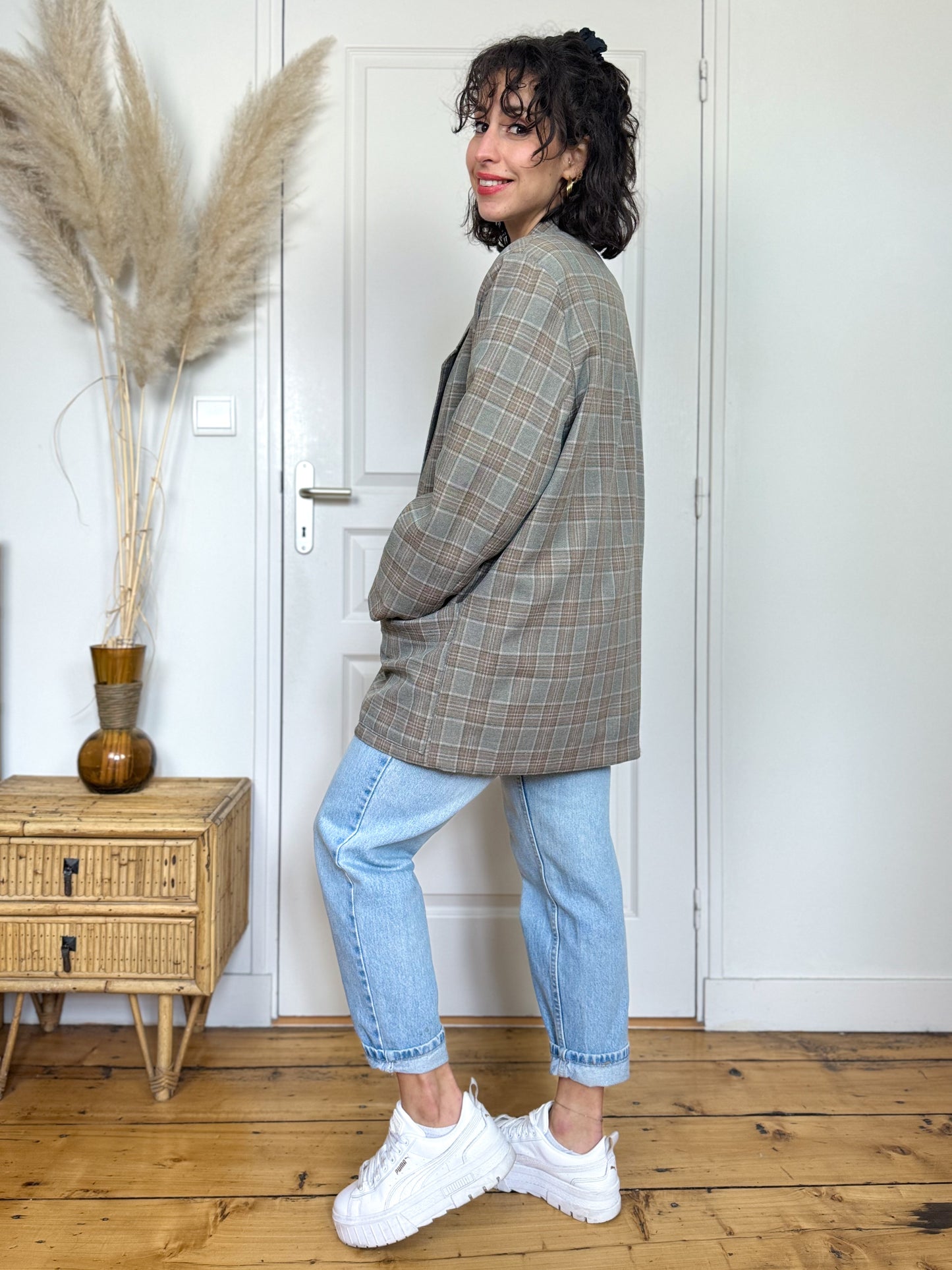 Blazer carreaux tartan gris et marron