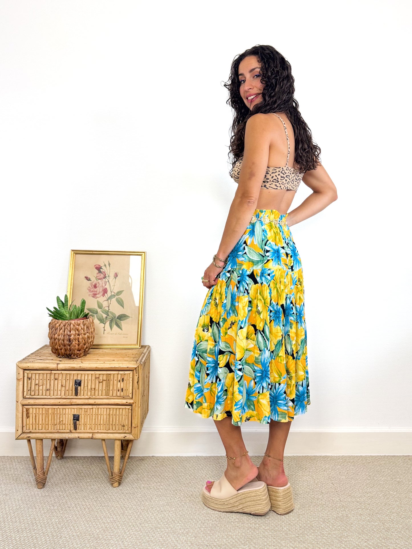 Jupe midi vintage 80s fleurie jaune et bleue
