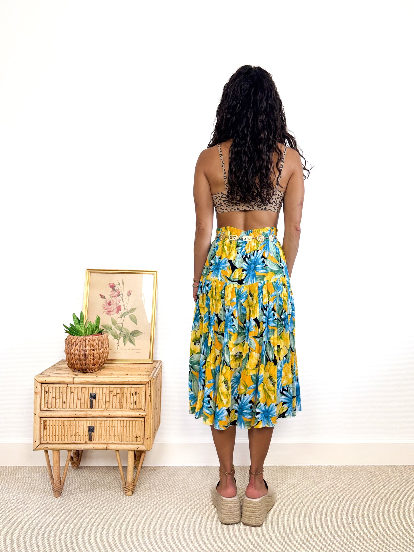 Jupe midi vintage 80s fleurie jaune et bleue