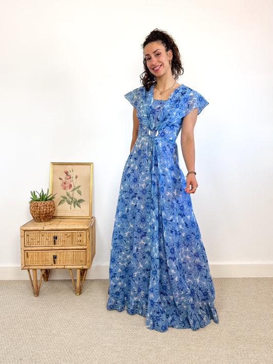 Maxi robe fleurie bleue 70s cousue main
