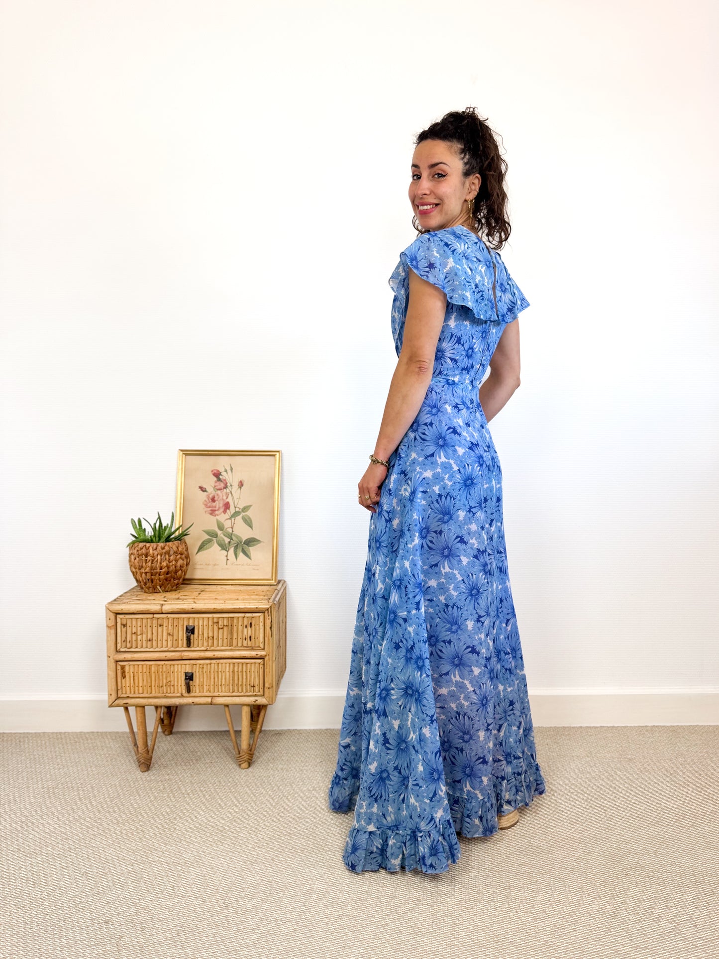 Maxi robe fleurie bleue 70s cousue main
