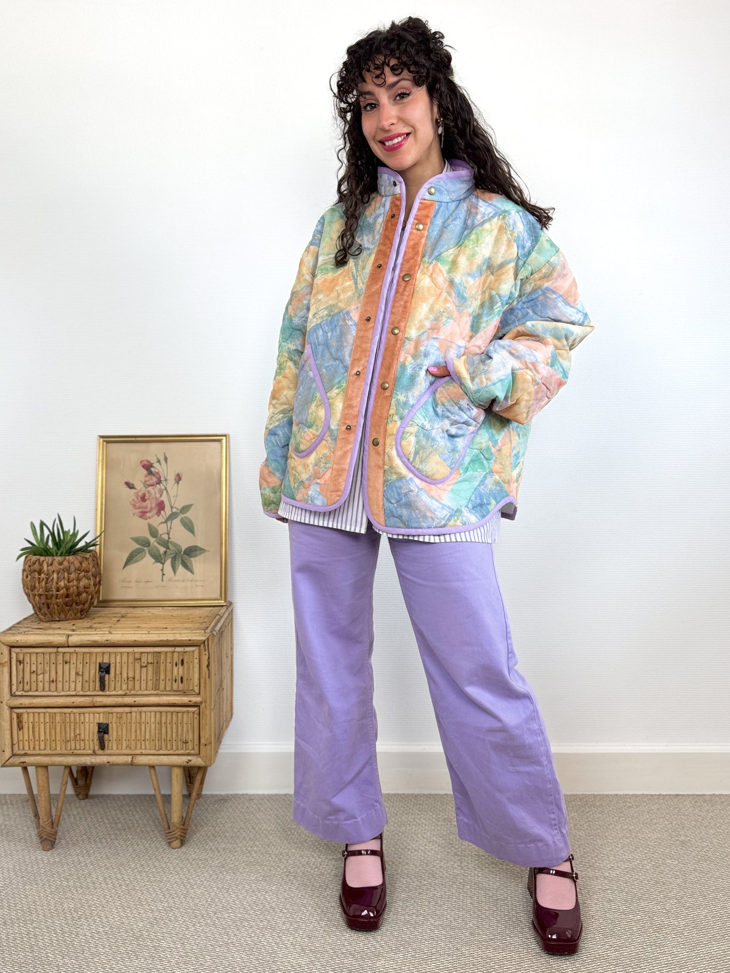 Veste Mimosa matelassée motif pastel et velours