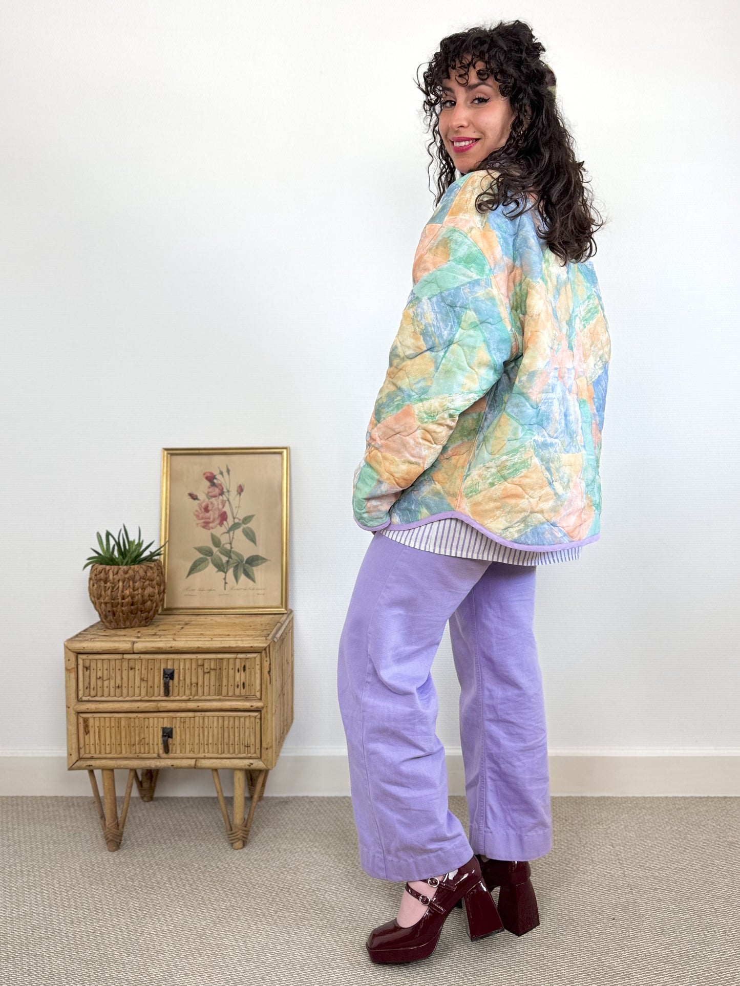 Veste Mimosa matelassée motif pastel et velours