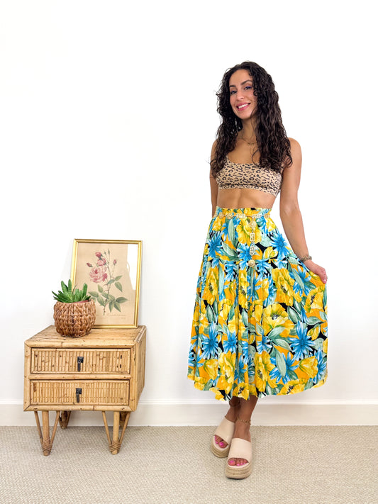 Jupe midi vintage 80s fleurie jaune et bleue